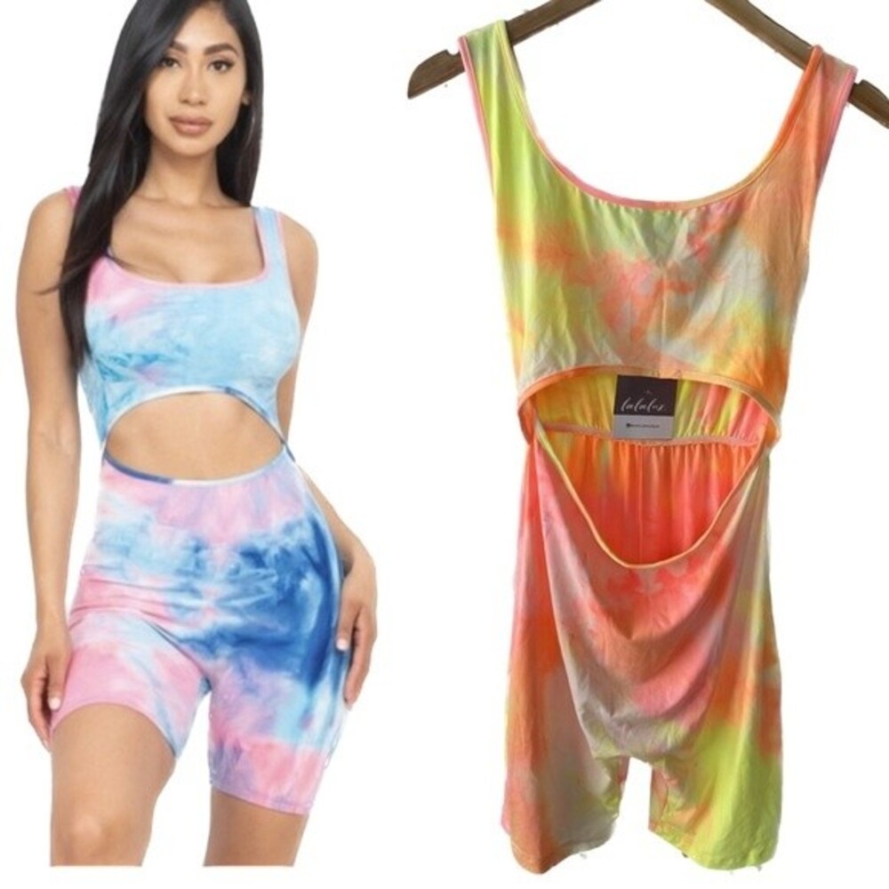 Capella NWT Tie Dye One Piece Cut Out Tank Top Biker Shorts Play Suit Romper L
